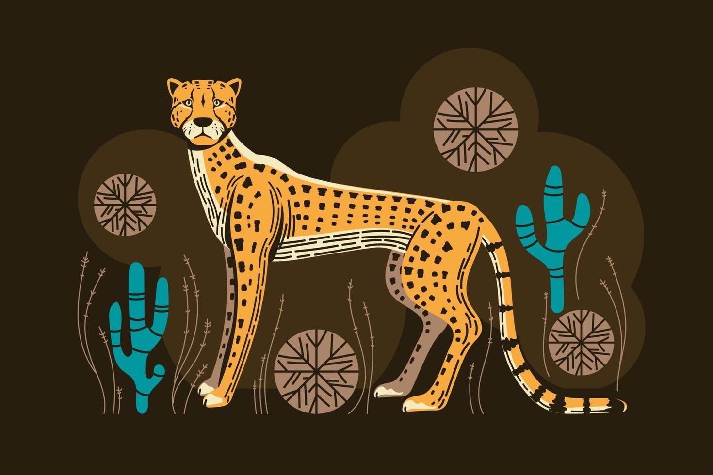 Adorable chasse au guépard avec de l'herbe spinifex et des cactus vecteur