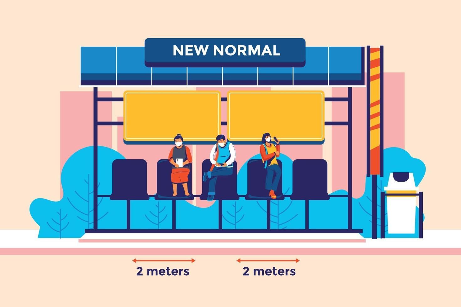 nouvelle distance physique de mode de vie normal sur l'arrêt de bus et la station de bus vector illustration concept