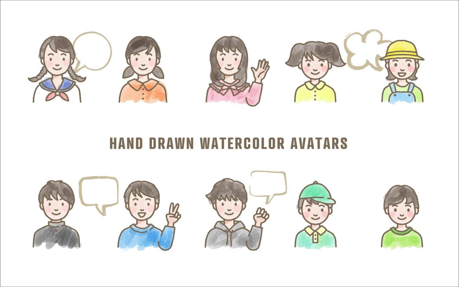 ensemble de divers vecteur avatars, Facile aquarelle main tiré illustration de des gamins visages