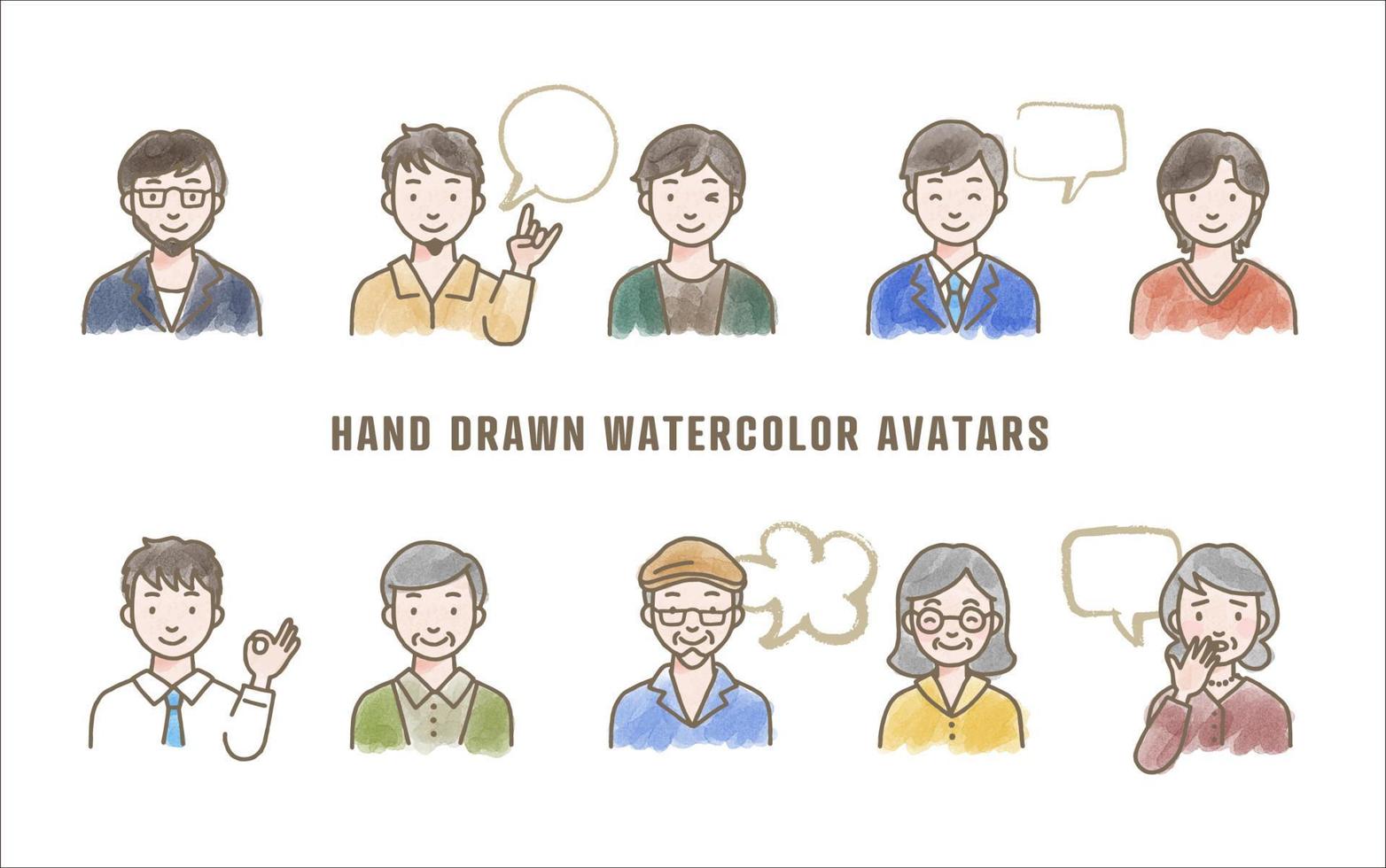 ensemble de divers vecteur avatars, Facile aquarelle main tiré illustration de Masculin et femelle visage