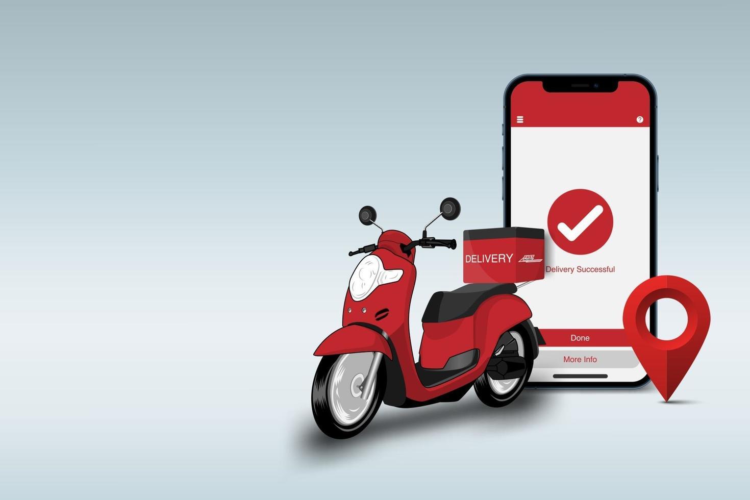 concept de fond de service de livraison en ligne, concept de commerce électronique, smartphone scooter rouge et broche de carte, illustration vectorielle vecteur