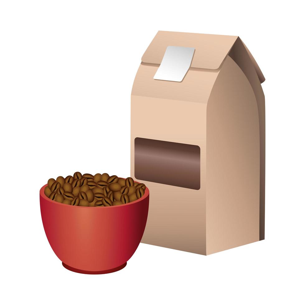 grains de café dans une boîte et une tasse vecteur