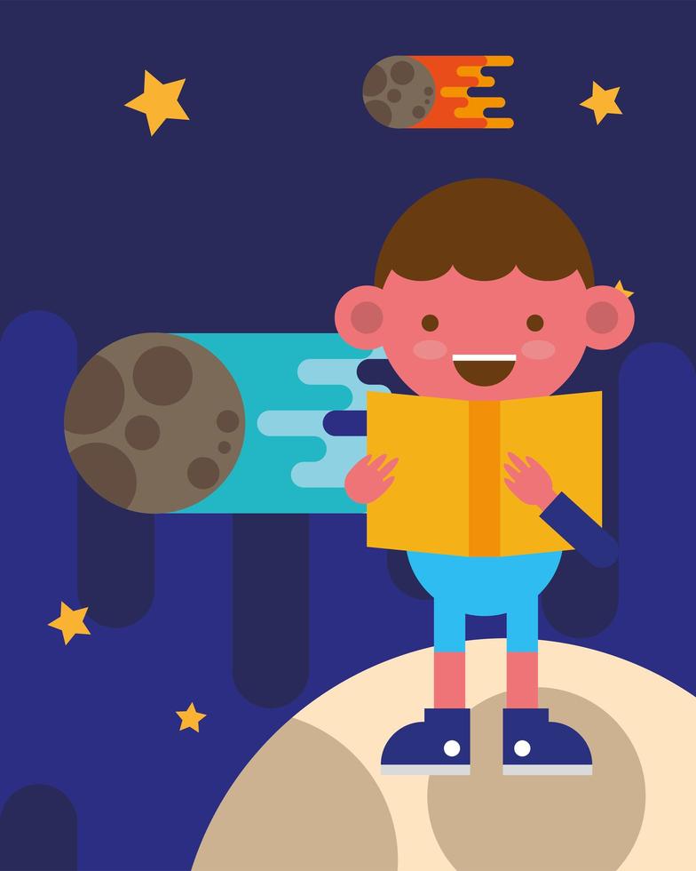 petit écolier lisant un livre sur la lune vecteur