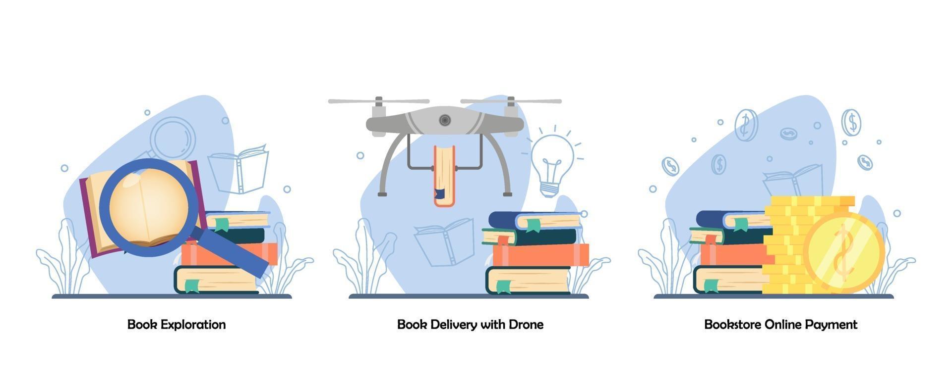 recherche de livre, livraison de livre, librairie numérique, jeu d'icônes de paiement en ligne. exploration de livres, livraison de livres avec drone, paiement en ligne. vector design plat isolé concept métaphore illustrations