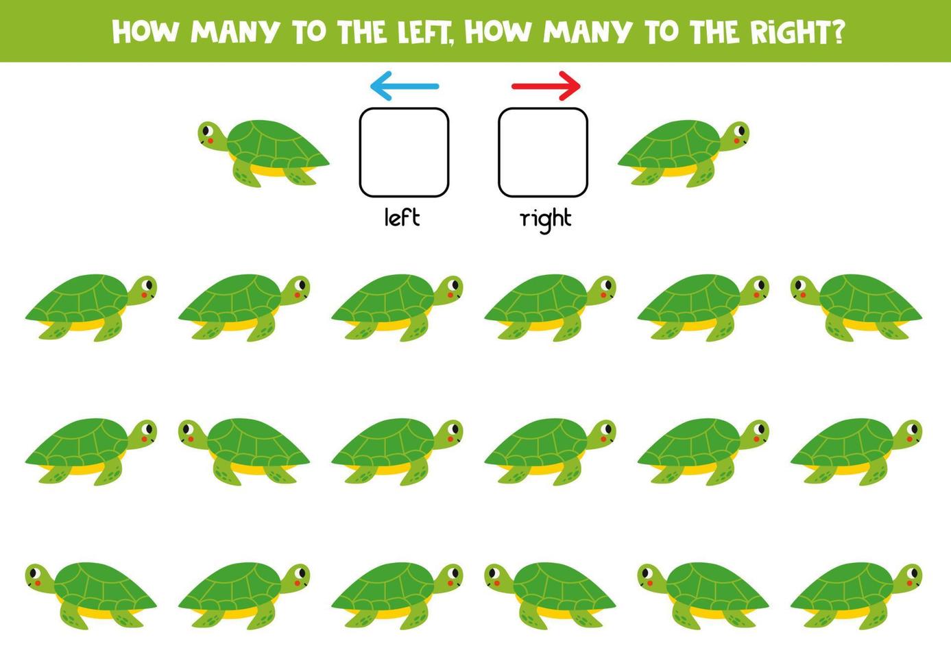 la gauche ou droite avec mignonne dessin animé tortue. logique feuille de travail pour enfants d'âge préscolaire. vecteur