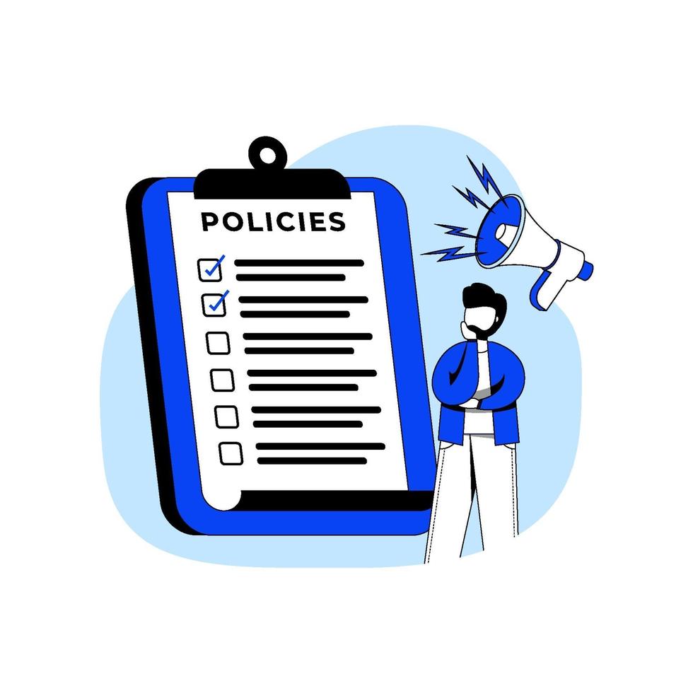 icône de politique design plat concept vector illustration. formulaire de réclamation d'assurance, police d'assurance, accord d'utilisation, assurance maladie, règle commerciale. métaphore abstraite. peut utiliser pour la page de destination, application mobile.