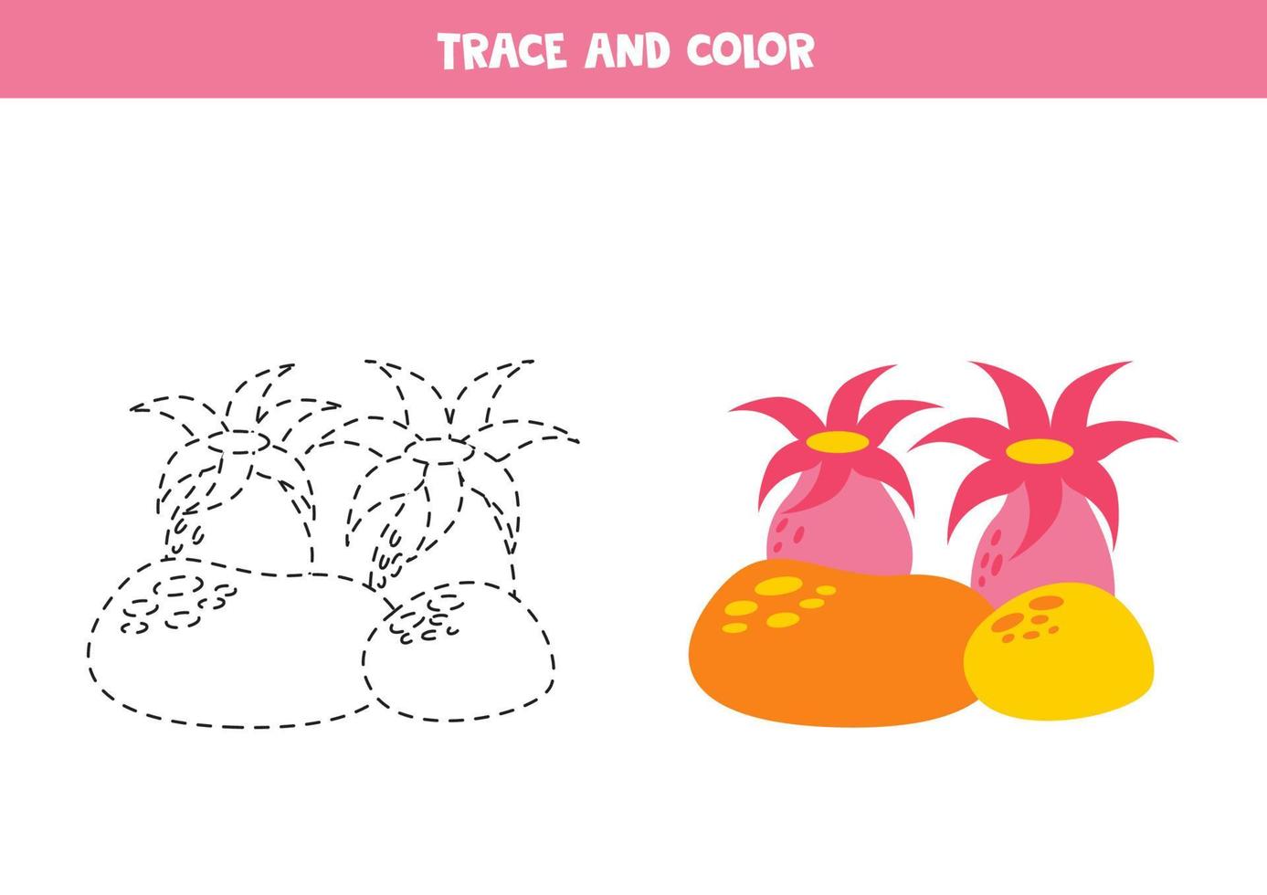 trace et Couleur dessin animé mignonne rose mer anémone. feuille de travail pour les enfants. vecteur
