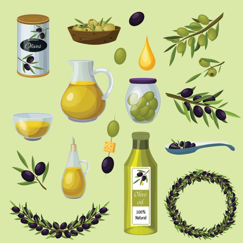 ensemble d'icônes de dessin animé d'olive vecteur