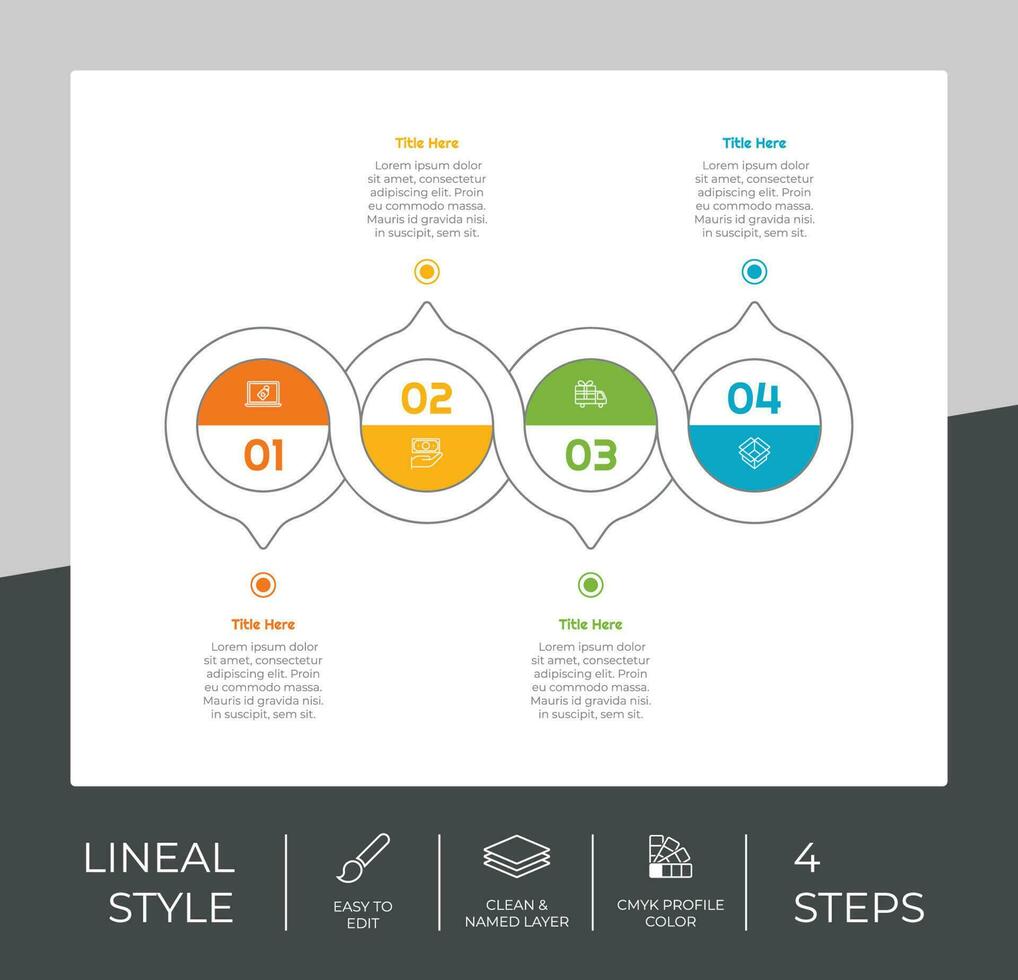 conception de vecteur d'infographie de processus de cercle avec 4 étapes de style coloré à des fins de présentation. L'infographie d'étape de ligne peut être utilisée pour les affaires et le marketing