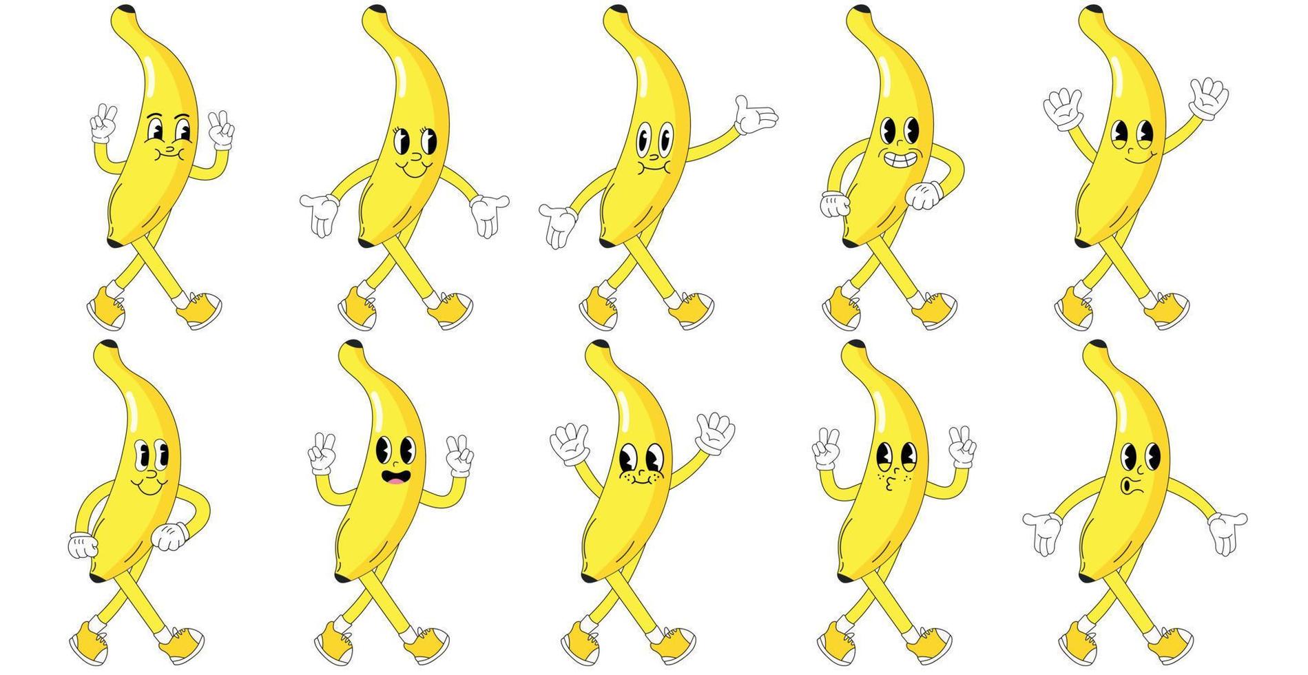 une ensemble de banane dessin animé sensationnel autocollants avec marrant bande dessinée personnages, ganté mains. moderne illustration avec jambes et bras. vecteur