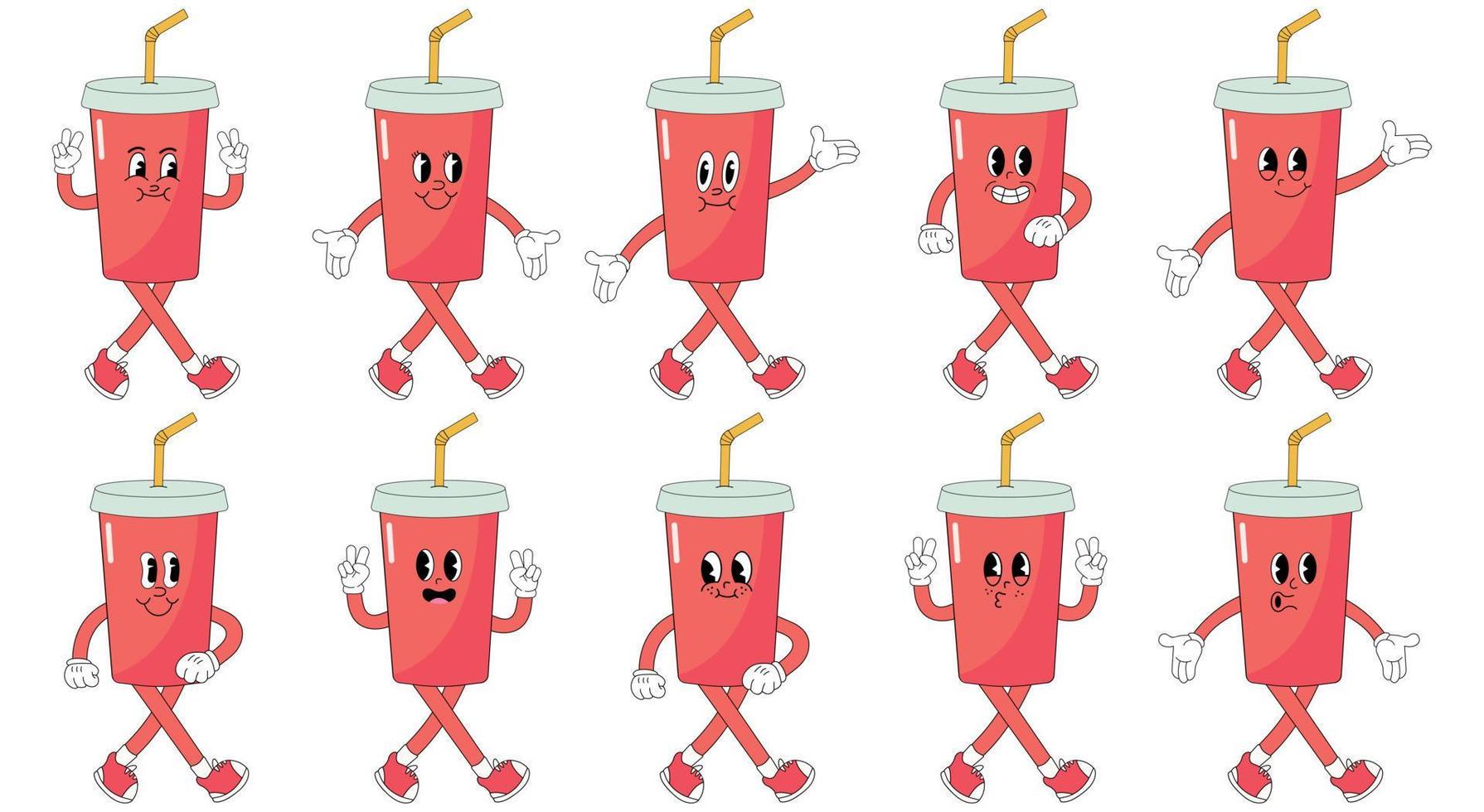 une ensemble de un soda les boissons dessin animé sensationnel autocollants avec marrant bande dessinée personnages, ganté mains. moderne illustration avec jambes et bras. vecteur