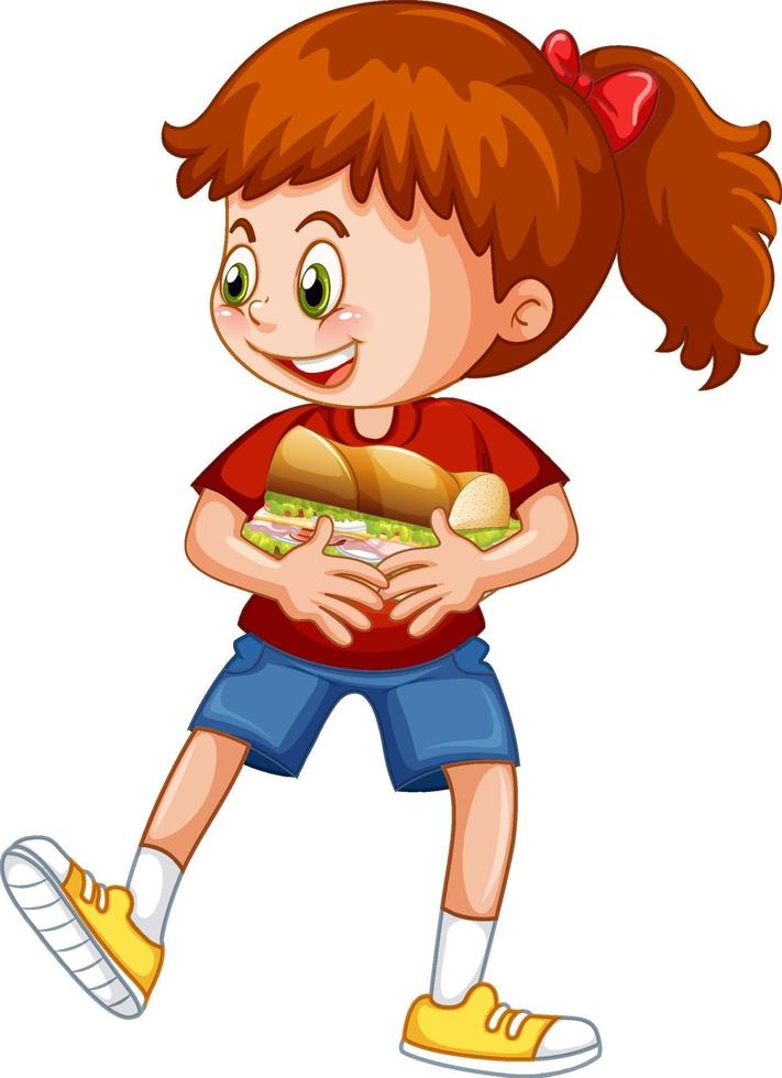 personnage de dessin animé fille heureuse étreignant un sandwich alimentaire vecteur