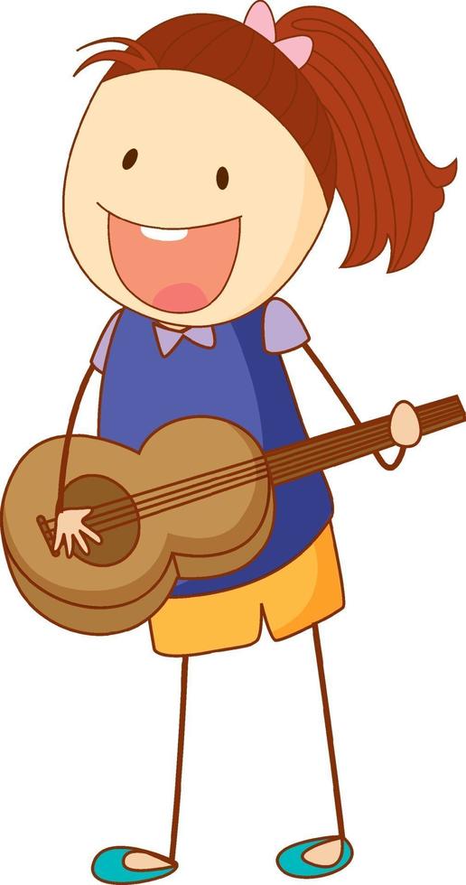 Un enfant de griffonnage jouant un personnage de dessin animé de guitare acoustique isolé vecteur