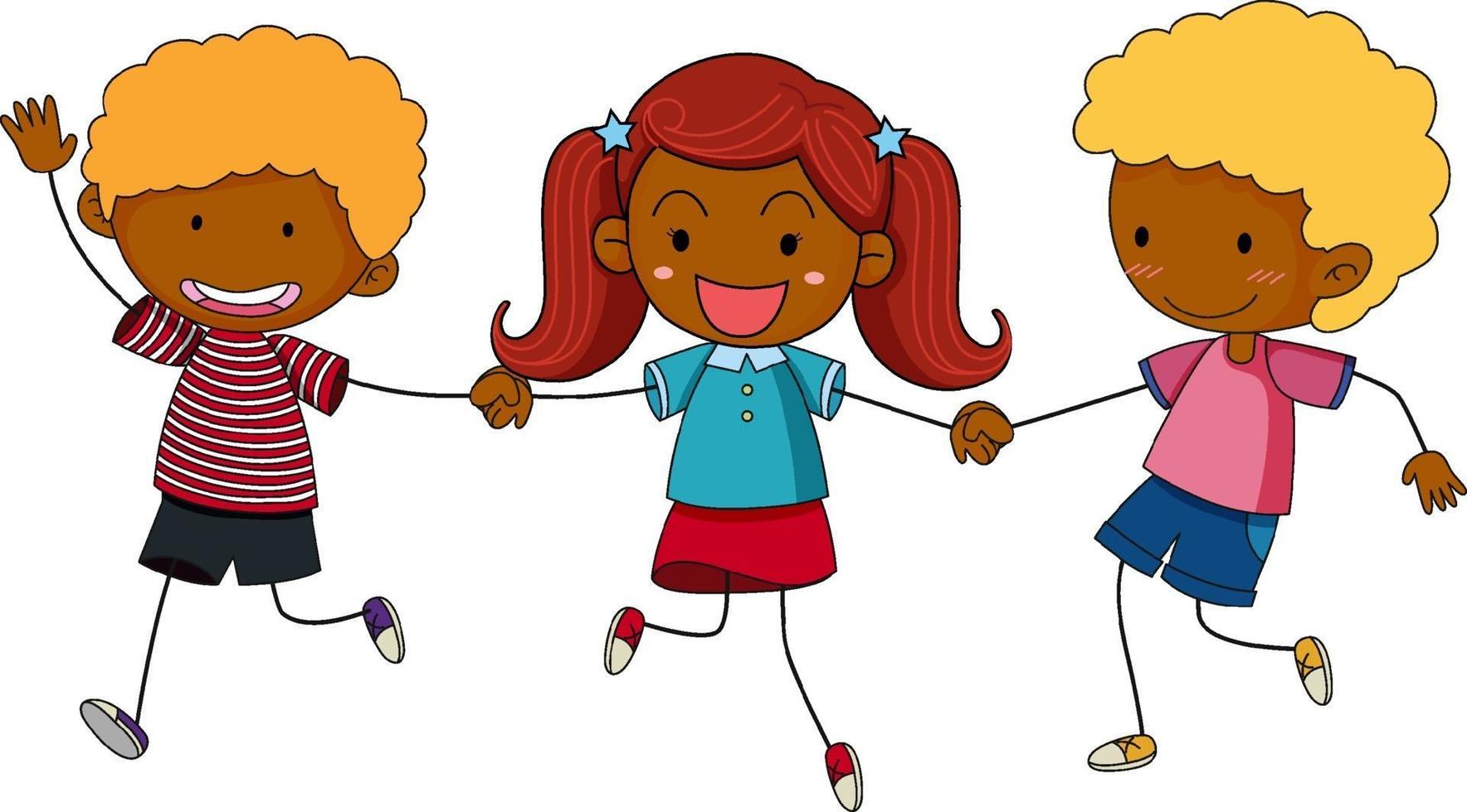 trois enfants se tenant la main personnage de dessin animé dessiné à la main style doodle isolé vecteur