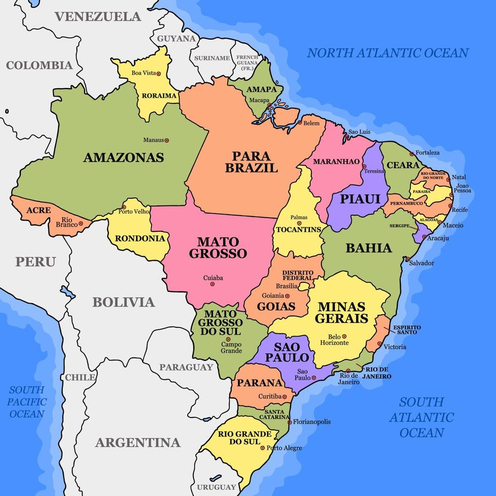 Brésil carte territoire avec frontière vecteur