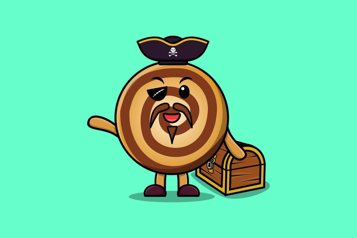 pirate de biscuits de dessin animé mignon avec boîte au trésor vecteur