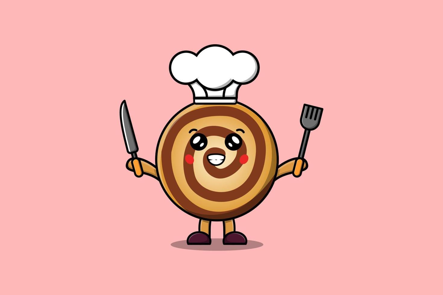 chef de biscuits de dessin animé mignon tenant un couteau et une fourchette vecteur