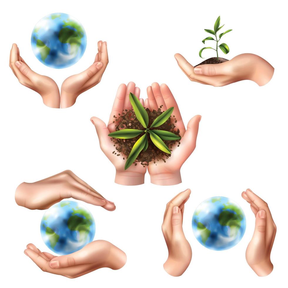 jeu de symboles écologie mains réalistes vecteur