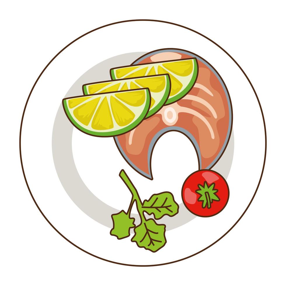 Délicieuse viande de saumon avec icône de restauration rapide citron et tomate vecteur