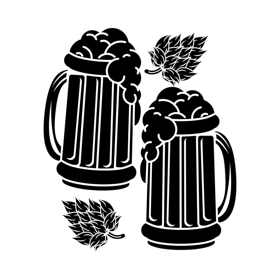 tasses de bières avec l'icône de silhouette de feuilles vecteur