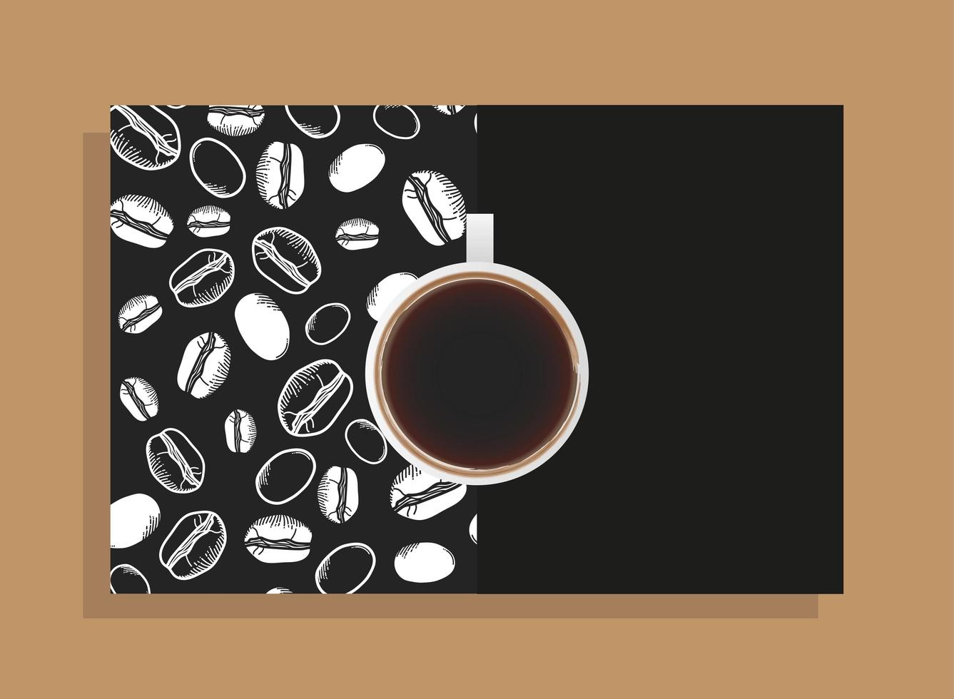 tasse à café sur affiche noire avec conception de vecteur de haricots