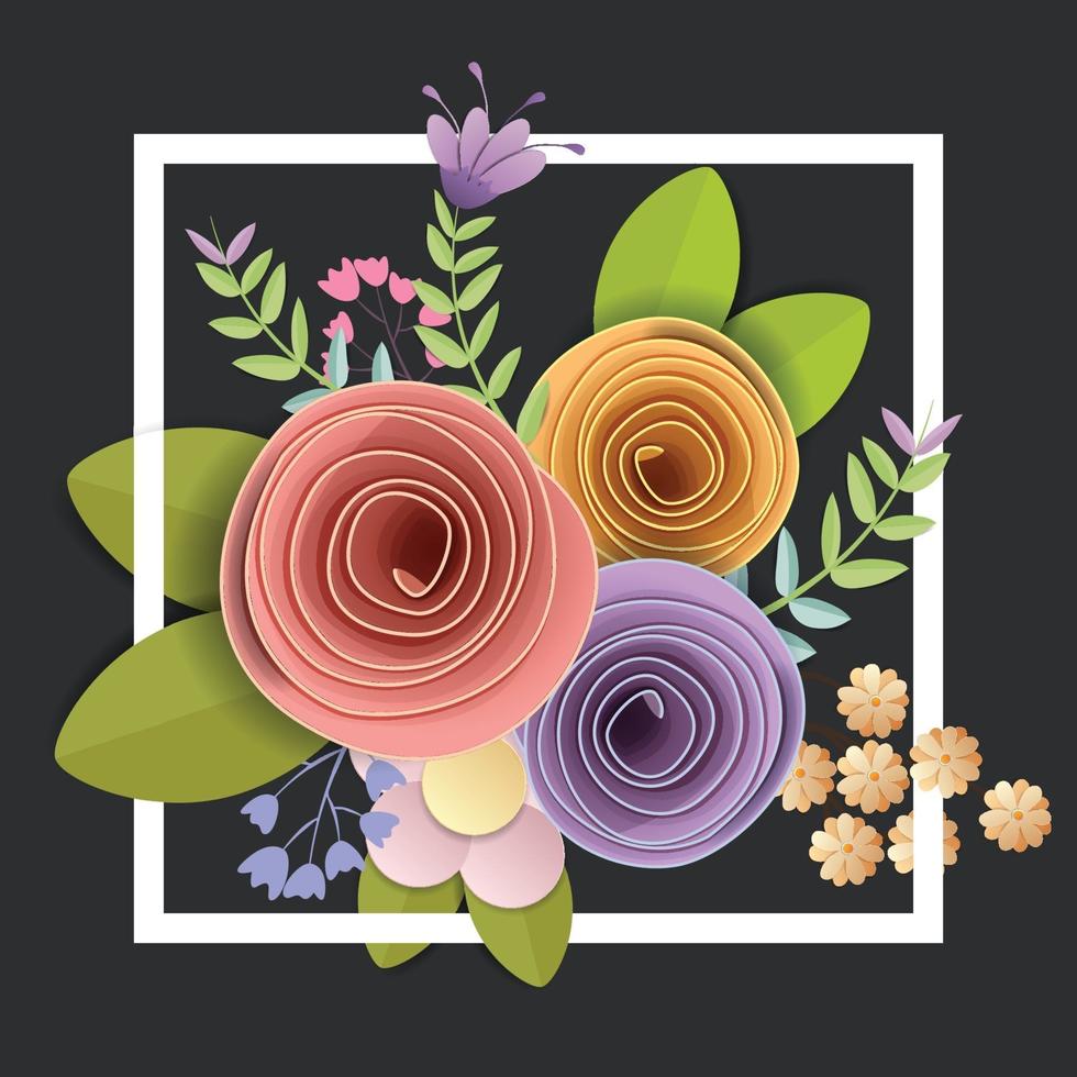 conception de vecteur et d'illustration. fleurs en papier craft, printemps, automne, mariage et bouquet floral festif Saint-Valentin, couleurs d'automne lumineuses, clipart nature isolé sur fond blanc, embellissement décoratif.