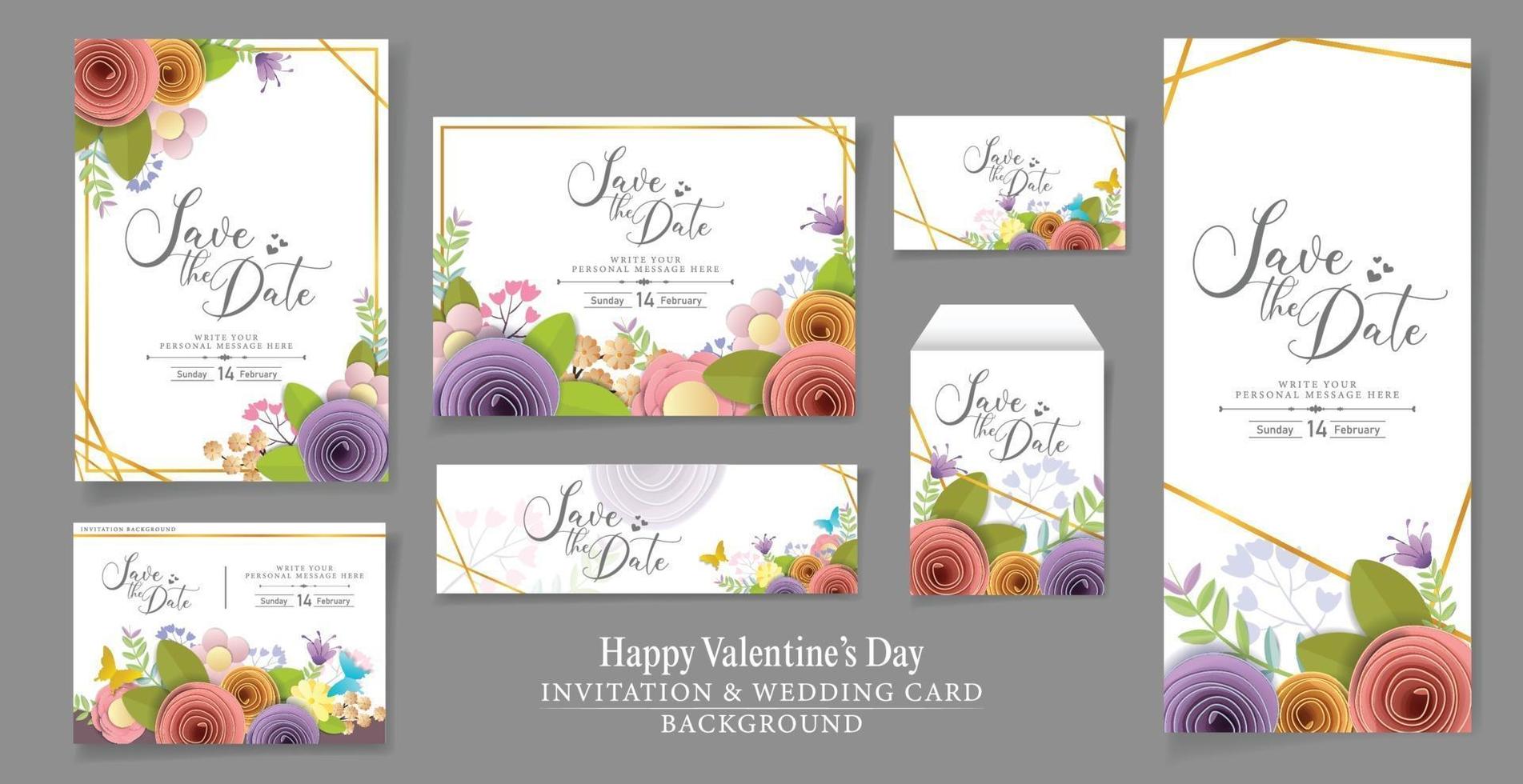 ensemble de vecteur et illustration invitation ou conception de cartes de mariage. fleurs en papier craft, printemps, automne, mariage et bouquet floral festif Saint-Valentin, couleurs d'automne vives.