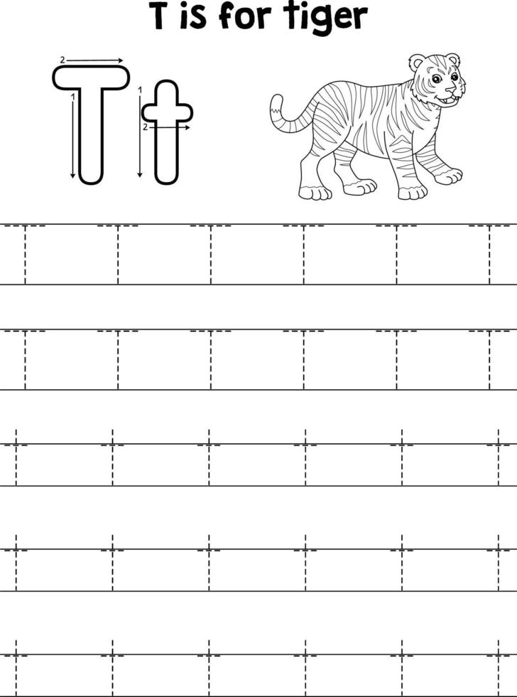 tigre animal tracé lettre abc coloration page t vecteur