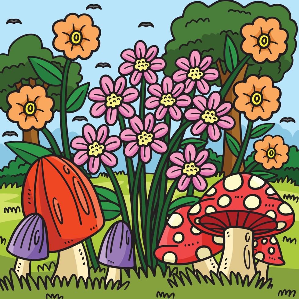 printemps champignon fleurs coloré illustration vecteur