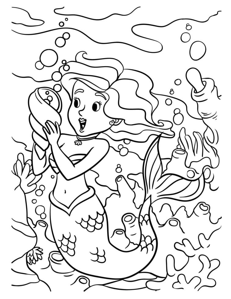 Sirène en portant spirale coquille coloration page vecteur
