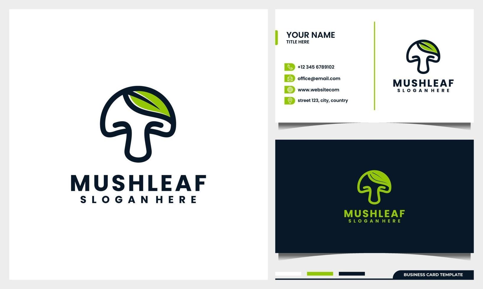 champignon d'art en ligne avec concept de logo feuille nature et modèle de carte de visite vecteur
