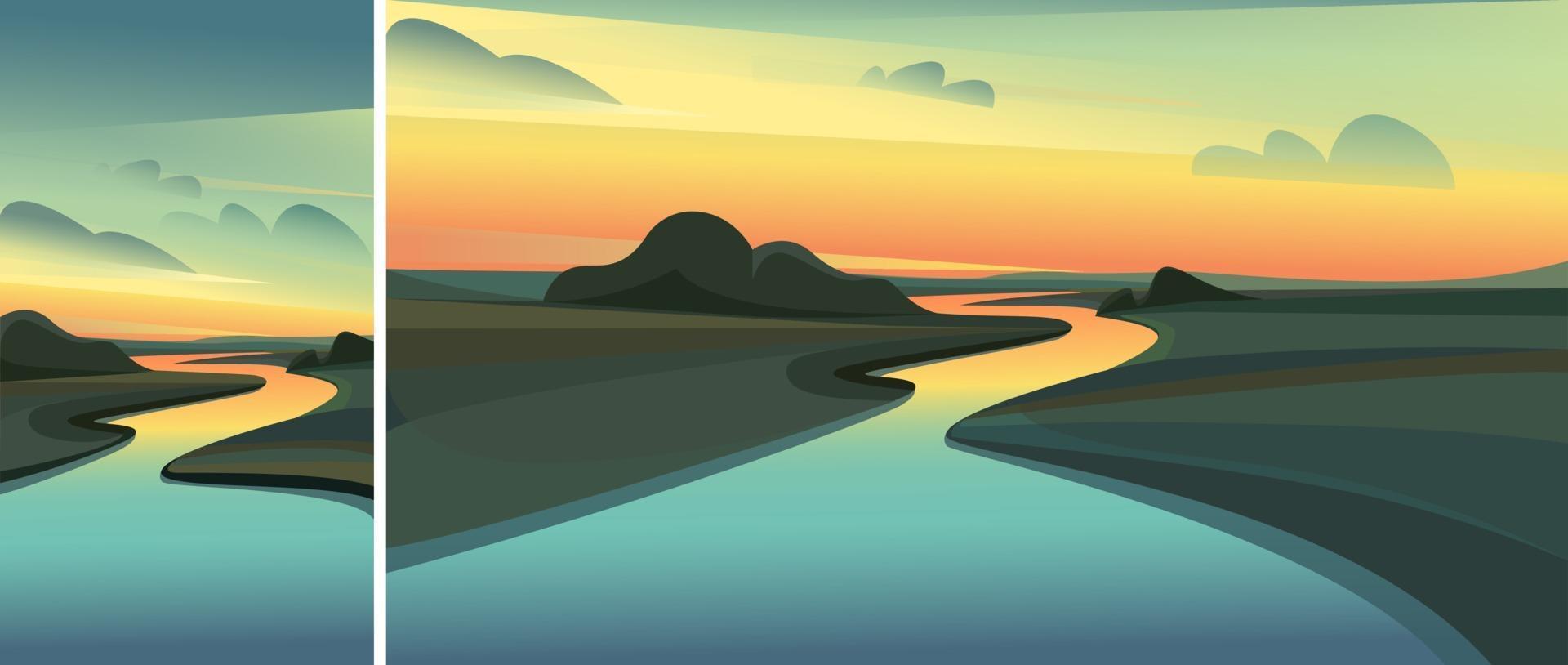 paysage fluvial au coucher du soleil vecteur
