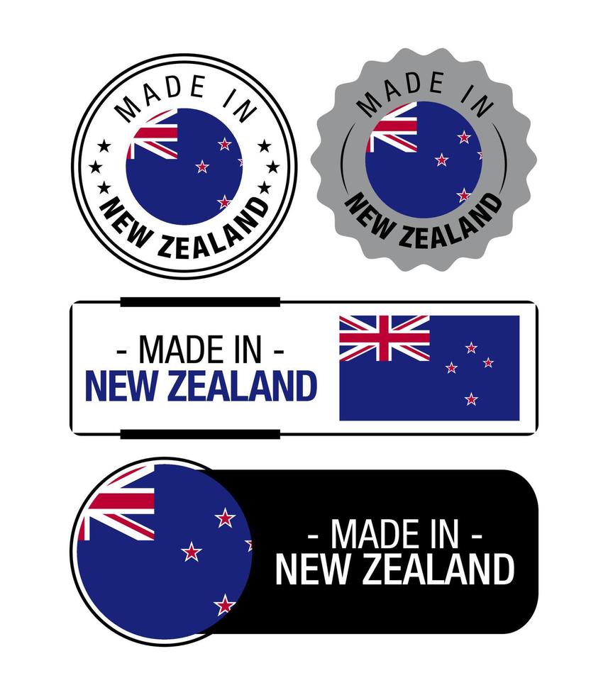 ensemble de fabriqué dans Nouveau zélande Étiquettes, logo, Nouveau zélande drapeau, Nouveau zélande produit emblème vecteur