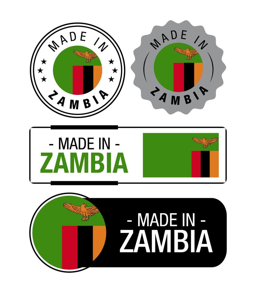 ensemble de fabriqué dans Zambie Étiquettes, logo, Zambie drapeau, Zambie produit emblème vecteur