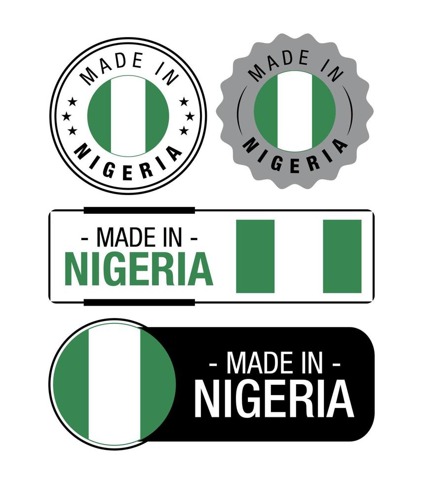 ensemble de fabriqué dans Nigeria Étiquettes, logo, Nigeria drapeau, Nigeria produit emblème vecteur