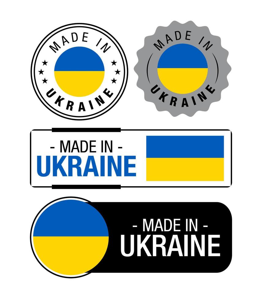 ensemble de fabriqué dans Ukraine Étiquettes, logo, Ukraine drapeau, Ukraine produit emblème vecteur