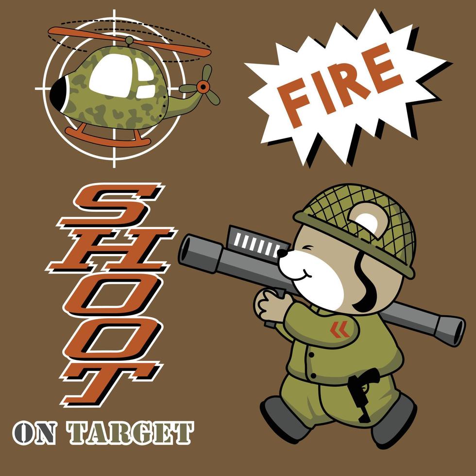 marrant ours soldat tirer une militaire hélicoptère avec bazooka, vecteur dessin animé illustration