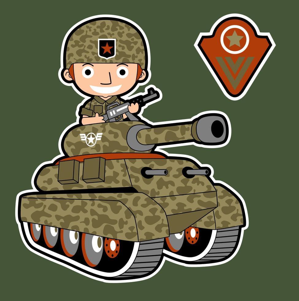Jeune soldat avec fusil sur blindé véhicule, vecteur dessin animé illustration