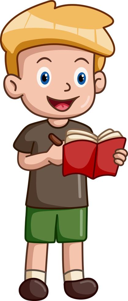 mignonne école garçon dessin animé en train de lire une livre vecteur