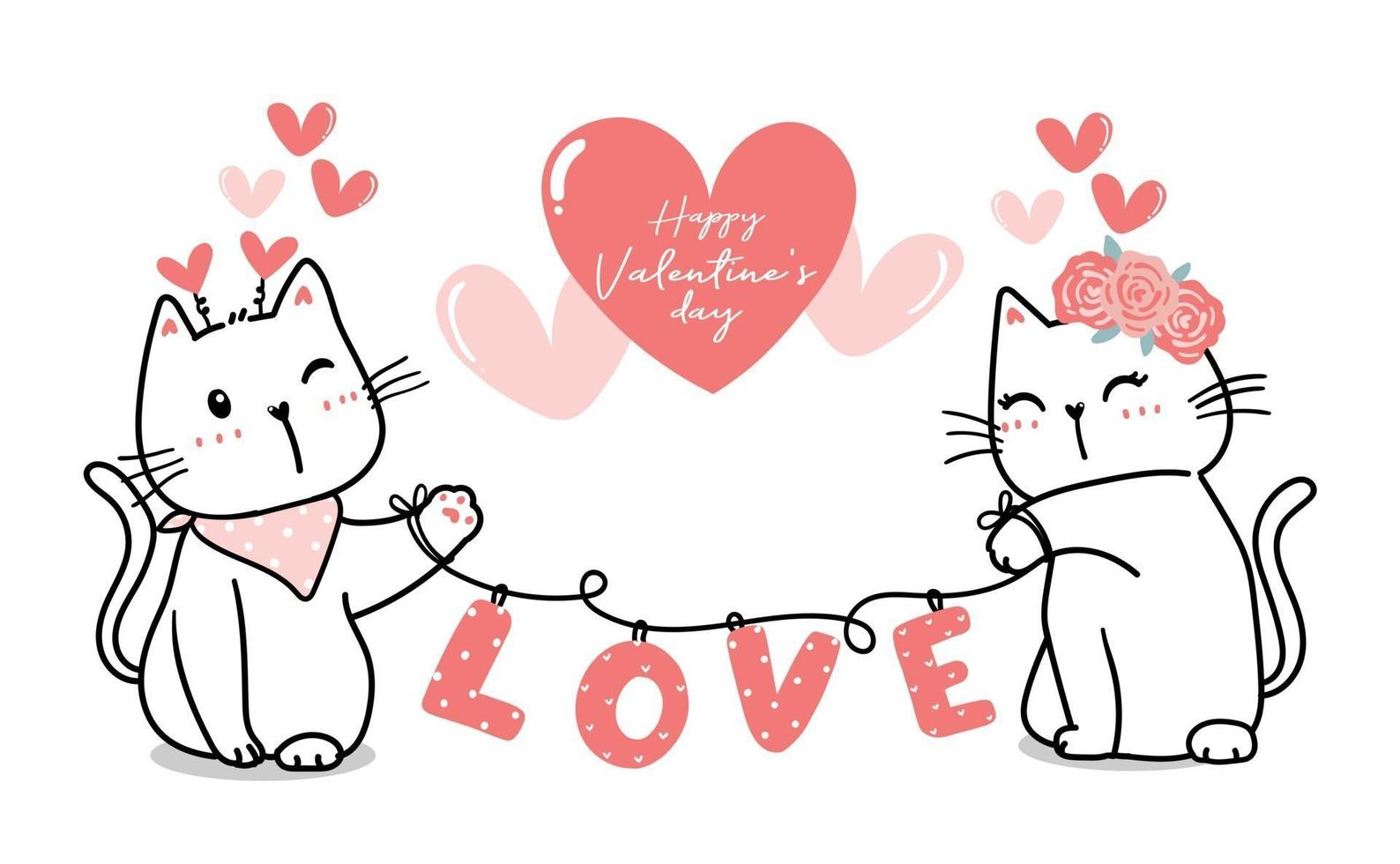 Couple de chat mignon Saint-Valentin avec amour de coeur, bonne Saint-Valentin, vecteur de coeur rose contour dessin animé chat mignon pour bannière, trucs imprimables, carte de voeux