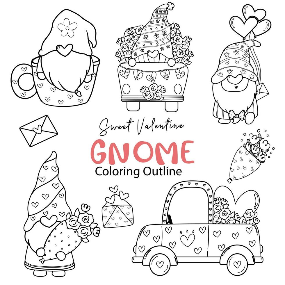 Collection de contour de coloriage mignon gnome Saint-Valentin, jeu de timbres numériques Saint-Valentin douce, jeu de dessin doodle dessin animé gnome vecteur