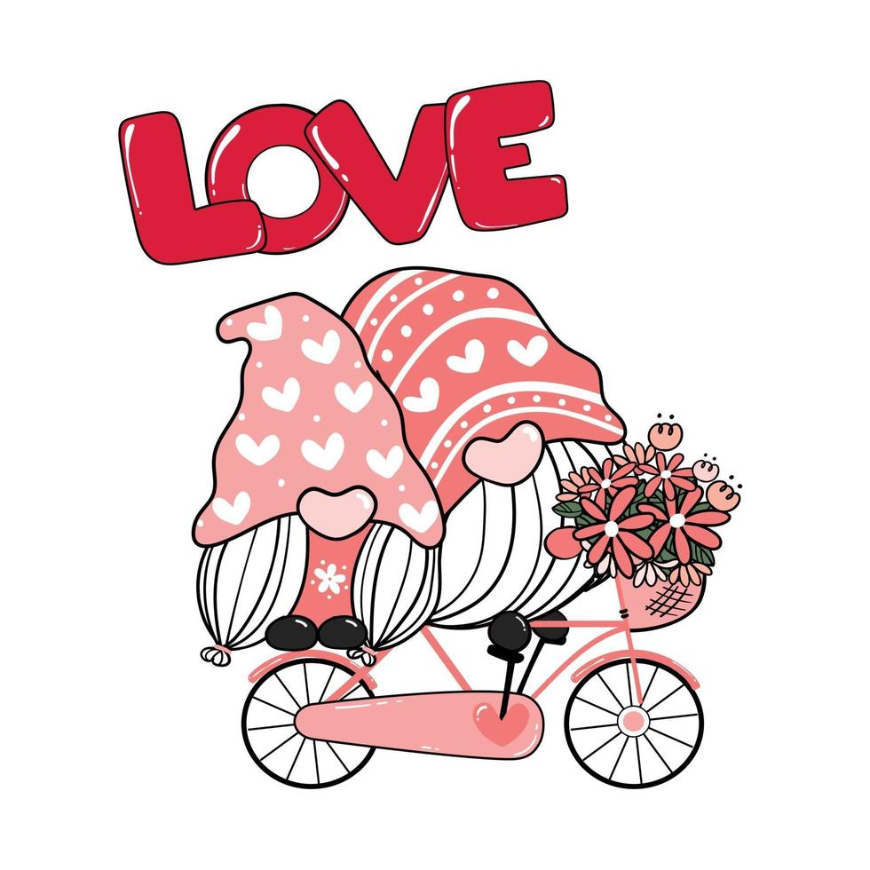 couple de gnome romantique deux valentine sur clipart d'amour de vélo rose, vecteur de dessin animé d'amour heureux