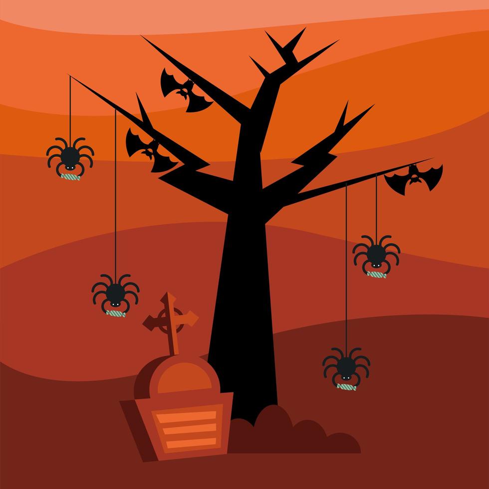 araignées et chauves-souris halloween avec une conception de vecteur grave