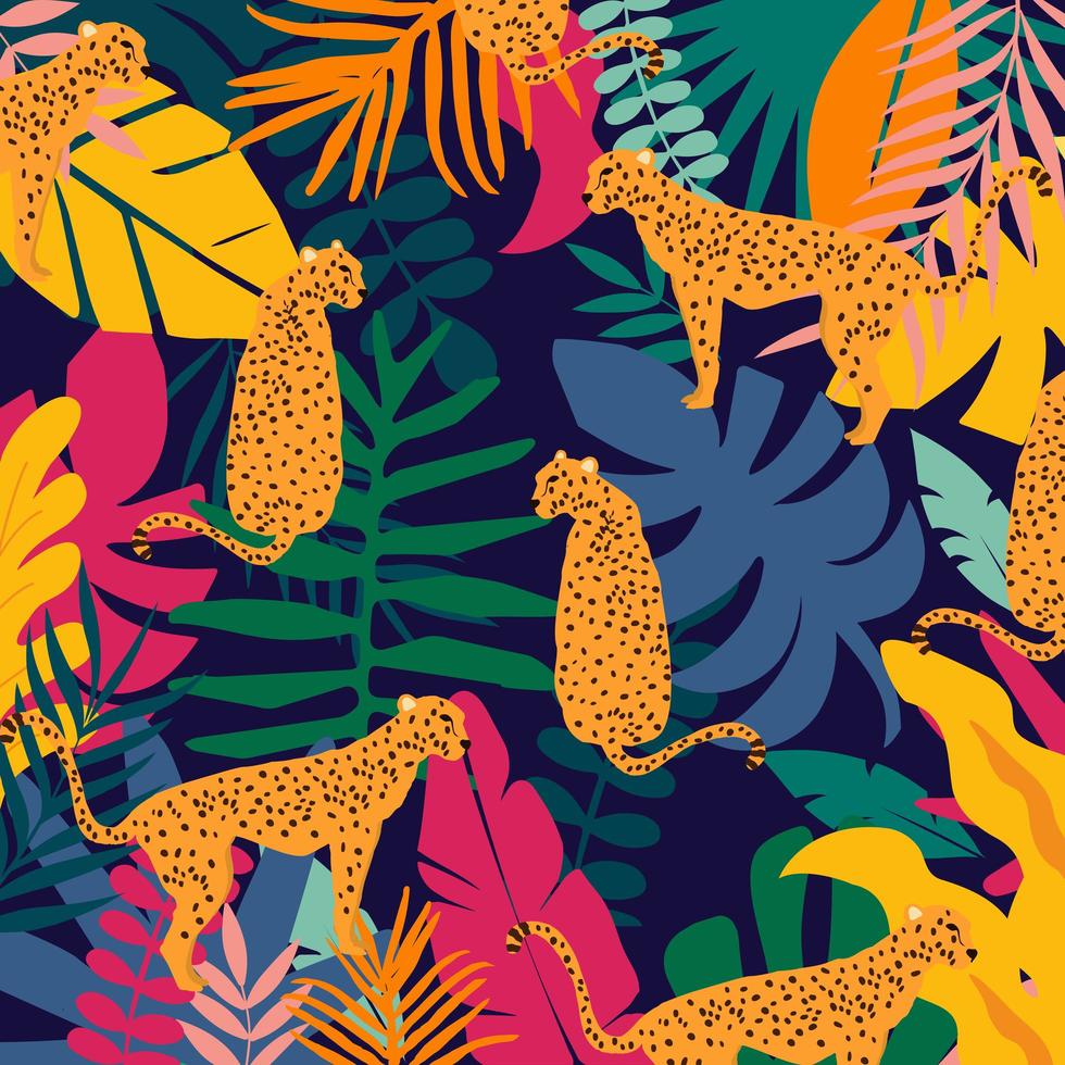 léopards et feuilles tropicales affiche fond illustration vectorielle. motif de la faune à la mode vecteur