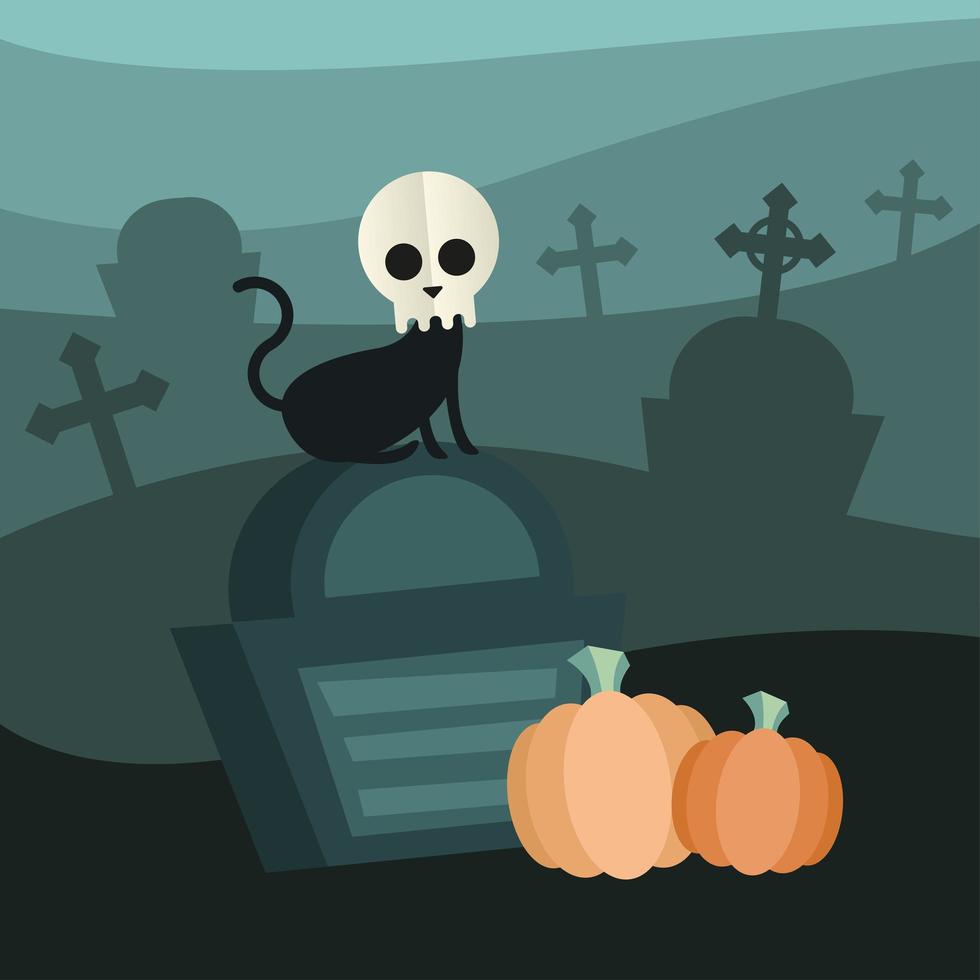 chat d & # 39; halloween avec crâne dans une conception de vecteur de cimetière