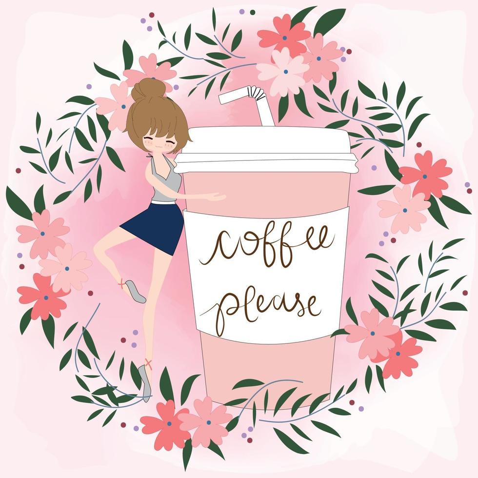 amateur de café de dessin animé mignon dans un cadre floral rose vecteur