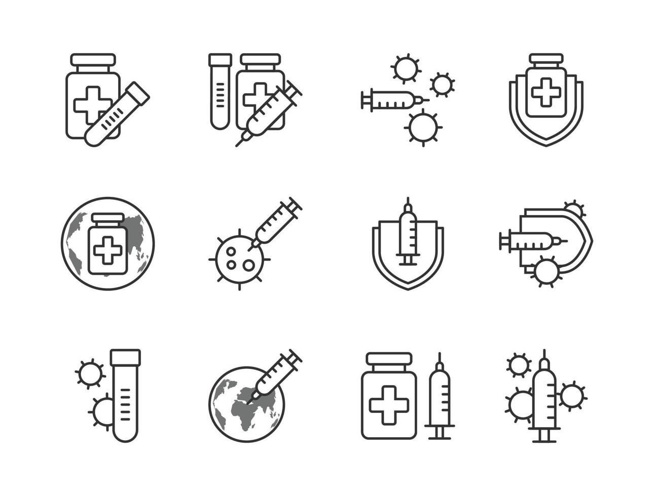 jeu d'icônes de vaccin covid-19 style de contour. signe et symbole pour site Web, impression, autocollant, bannière, affiche. vecteur