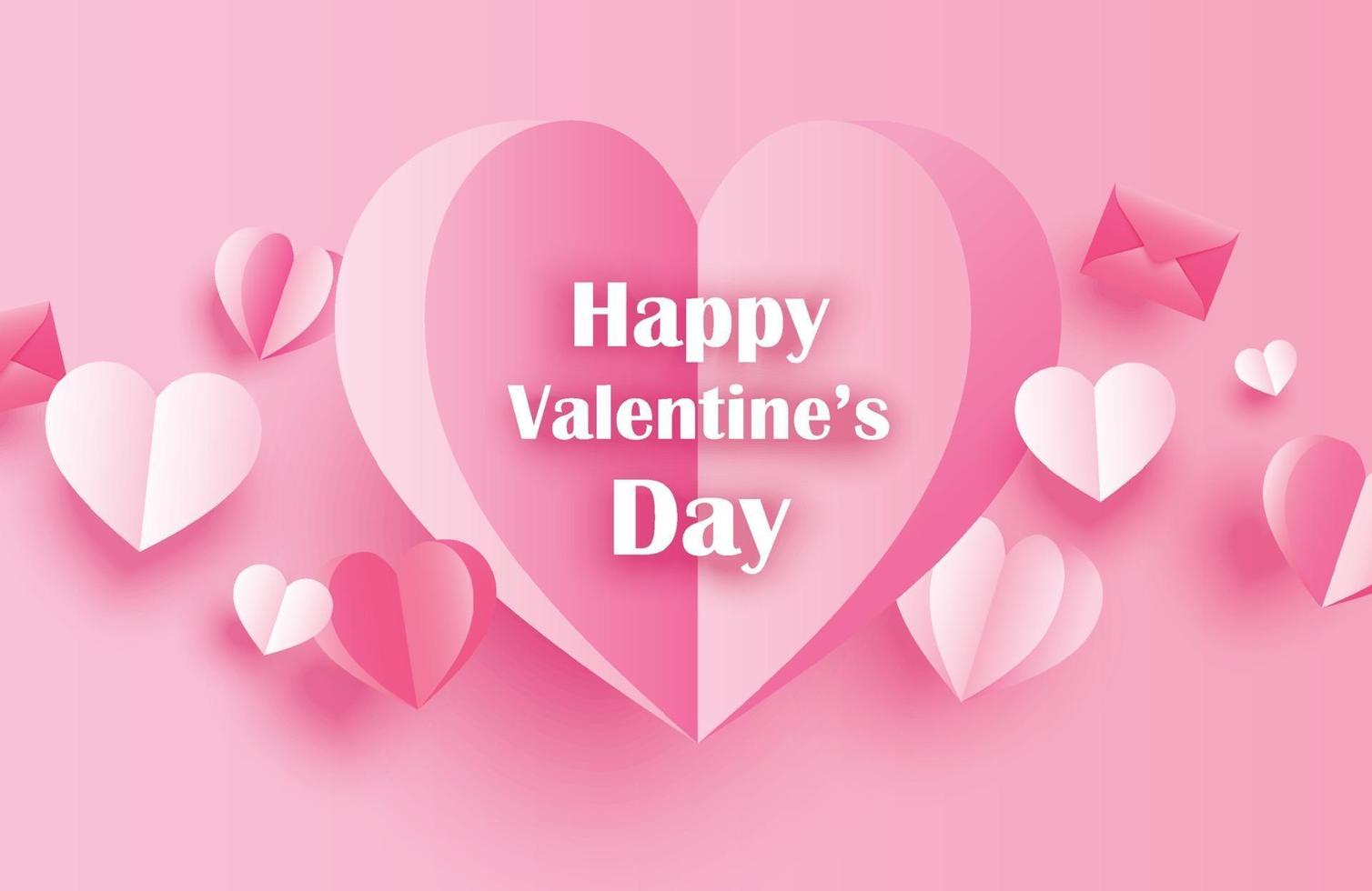 Joyeuses Saint Valentin cartes de voeux avec des coeurs en papier sur fond pastel rose. vecteur