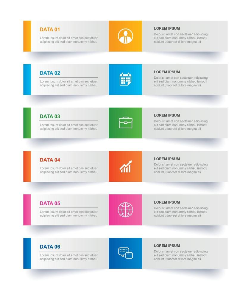 onglet infographie dans un index papier horizontal avec 6 modèles de données. illustration vectorielle abstrait. peut être utilisé pour la mise en page du flux de travail, l'étape commerciale, la bannière, la conception Web. vecteur