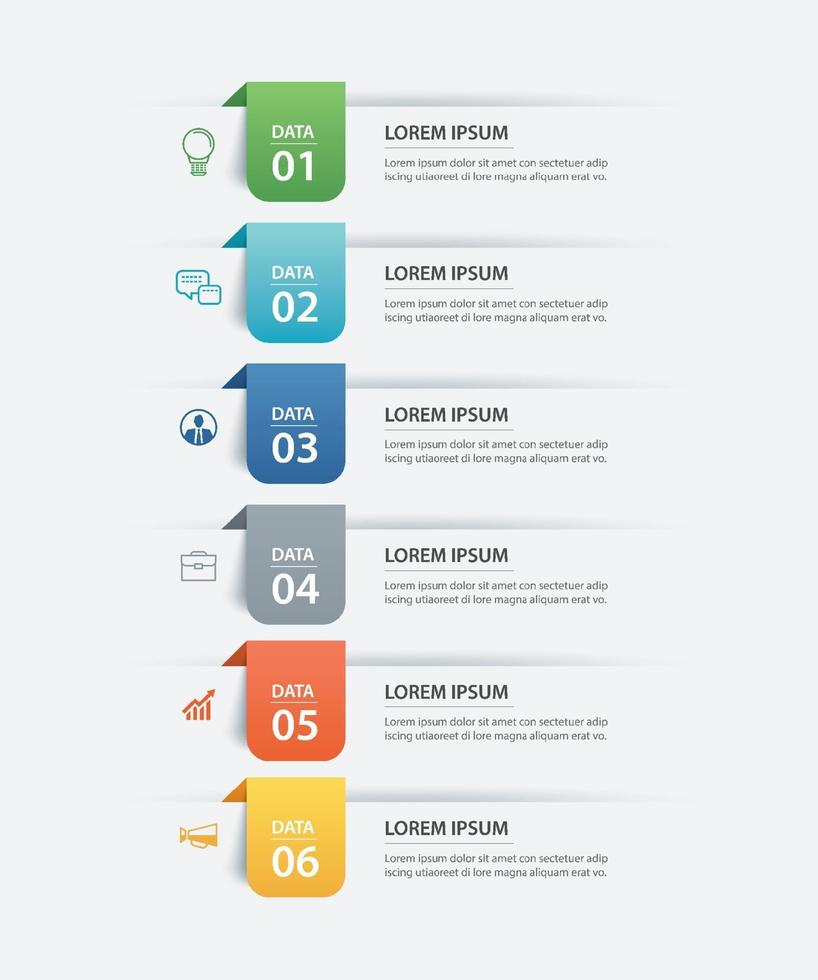 6 modèle d'index de papier onglet infographie de données. illustration vectorielle abstrait. peut être utilisé pour la mise en page du flux de travail, l'étape commerciale, la bannière, la conception Web. vecteur